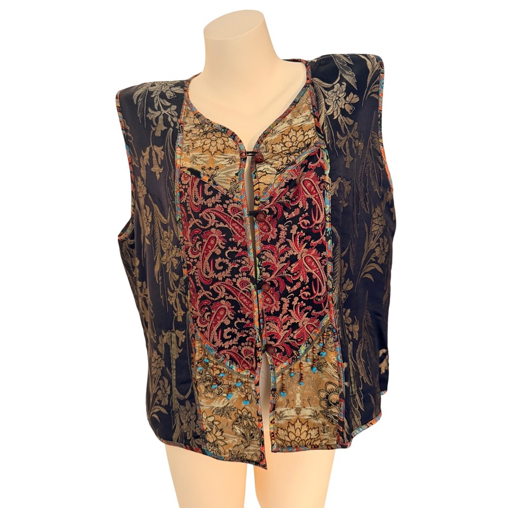 Chico's Silk Blend Beaded Brocade Vest Paisley Floral Tassel Black Gold Size 3